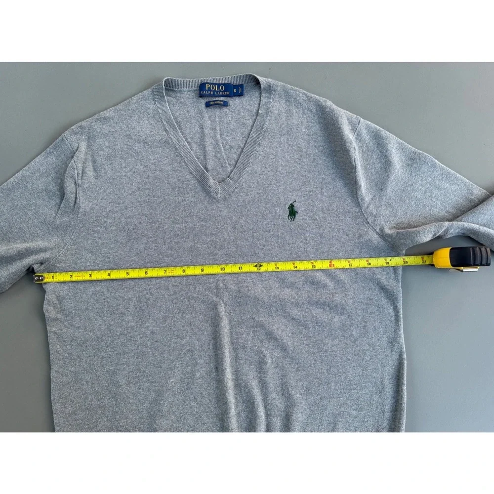 Polo Ralph Lauren Mens Gray Pima Cotton V-Neck Sweater Small Green Pony Logo